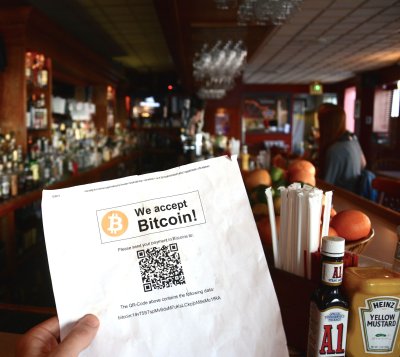 Using a QR code, customers can scan the virtual wallet for Bad Decisions using their smartphone, and then transfer Bitcoins to the establishment from within an app. (Photo: Patrick Farrell)