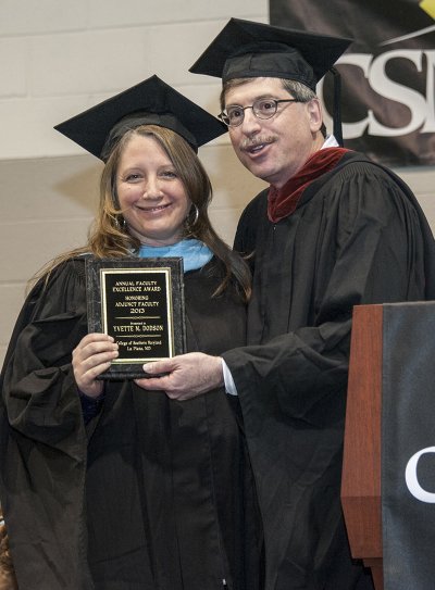 The annual Faculty Excellence Award Honoring Adjunct Faculty was presented to Early Childhood Education Instructor Yvette M. Dodson who is in her 16th year with CSM. “Ms. Dodson has developed most of the materials in the courses she teaches. These courses have been developed and are taught based not only on her experience with children – she’s a mother of seven – but on her research and understanding of 'Brain-Based Learning Theory and Universal Design for Learning,'” said CSM Faculty Senate President Mike Green.