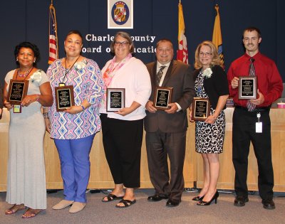 The Charles County Board of Education honored six staff members with 2014 Outstanding Classified Personnel Awards at the June 10 Board meeting. Pictured, from left, are Doris Hawkins, Darlette Smith, Kristen Sackman, Roy Kline, Suzanne Alpert and Richard Day. (submitted photo)