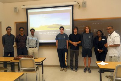 Innovators, from left, Sarosh Naeem of Westlake, Dennis Whitley and Joel Magee of North Point, Matthew Mussomele, Bradley Post and Kevin DiCola of Great Mills, are joined by Jones and CSM Educational Talent Search Director Tim Fenner. Team Eagles have been invited to create an Android App for CSM this summer. The event was funded by the CSM Foundation.