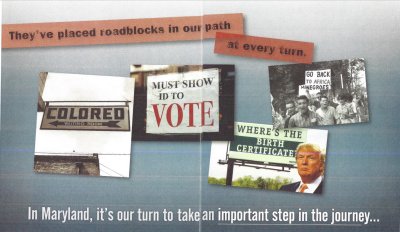 This mailer from the Maryland Democratic Party in support of candidate Anthony Brown invokes race.