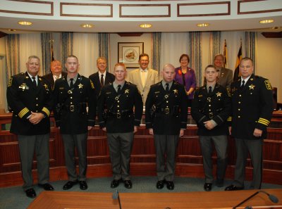 Pictured left to right are Sheriff Evans, Timothy David Mohler, Brian David Pounsberry, Derick Alan Clark, Shea Paul Rediker and Major D. McDowell.