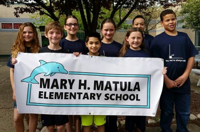Pictured is the fifth-grade math team from Mary H. Matula Elementary School that won first-place among competing fifth-grade teams at the Elementary Math Challenge held April 25. Pictured from left are students Aubrey Alexander, Dylan Tompkins, Emily Winkler, Arya Forohar, Emma Vanden Berg, Taylor Peterson, coach Erica Hughes and student Joshua MacDonald.