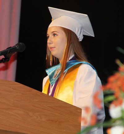 Maurice J. McDonough High School valedictorian Shannon Haley addresses her peers as part of McDonough’s graduation ceremony held May 30 in the Convocation Center at North Point High School. McDonough graduates earned more than $8.8 million in scholarship offers.
