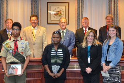 Pictured with the county commissioners from left are: Patuxent High School graduate Kyle Gronda, son of Calvert County Solid Waste Weigh Clerk Tu Tu Gronda, who was awarded $1,000. Calvert County Computer Services Supervisor Kathy Bauer poses with her daughter, Huntingtown High School graduate Kiley Bauer, who was awarded $500.