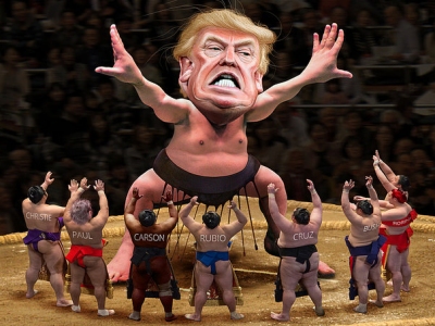 Donald Trump as a sumo wrestler in GOP debate. (By DonkeyHotey with Flickr Creative Commons License)