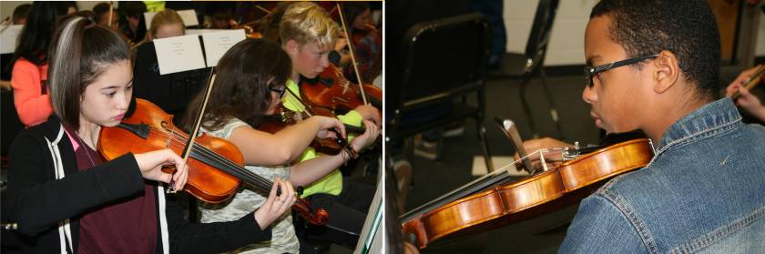 Left photo: Adriana Imes, a Benjamin Stoddert Middle School eighth grader, plays violin during the middle school Tri-County Orchestra rehearsal. Right photo: Josael Andujar, a seventh grader at Mattawoman Middle School, has been playing violin for about three years.