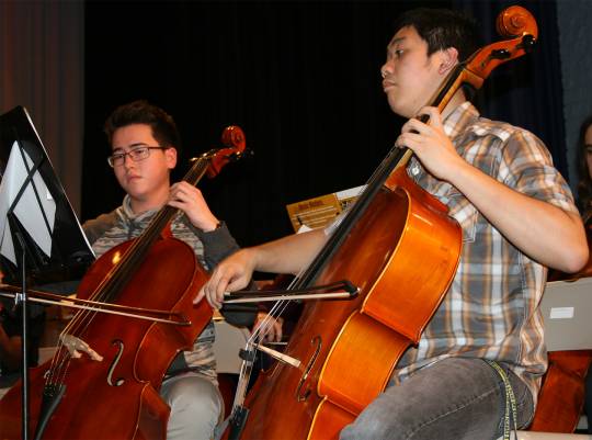 Cello players Aaron Abshire, left, a junior at North Point High School and Gabriel Gonzales, a senior at North Point, were named to the tri-county orchestra.