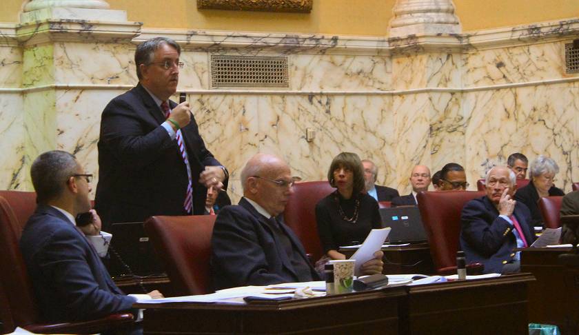 Sen. Richard Madaleno argues on the Senate floor for an override of the governor's veto on an Internet hotel tax. (Photo by Josh Magness)