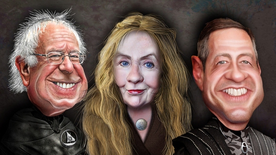 Democrats for President as Game of Thrones: Bernie Sanders, Hillary Clinton, Martin O'Malley. (Caricature by DonkeyHotey with Flickr Creative Commons License)