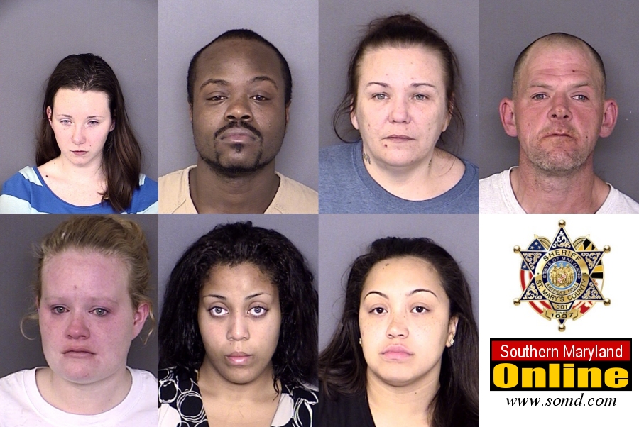 Top row, left to right: Lauren Ashley Mahon, age 22, of Charlotte Hall; Troy Markel Hebb, age 31, of Lexington Park; Tammy Nannette Mcginnis, age 47, of No Fixed Address; Joseph Aubrey Dement, age 47, of No Fixed Address. Bottom row: Stacey Ann Murphy, age 29, of Mechanicsville; Shandelle Topaz Henson, age 25, of Lexington Park; Sharaine Marie Francis Wood, age 23, of Lexington Park.