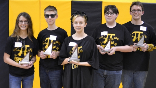 Third place team:  Esperanza Middle School, St. Mary's County. From left, Emme Staats, Gavin Furlong, Allison Robinson, Justin Martin, and coach Christopher Adams.
