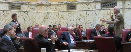 Sens. Jamie Raskin, left, and Paul Pinsky, right, discuss school superintendent bill. (Photo: MarylandReporter.com)