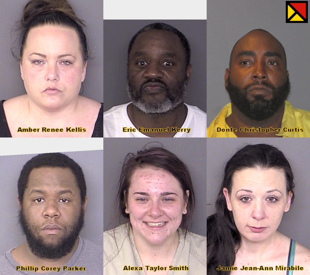 Amber Renee Kellis, age 31 of Great Mills; Eric Emanuel Kerry, age 48, of Washington, DC; and Donte Christopher Curtis, age 37, of Baltimore. Bottom row: Phillip Corey Parker, age 33, of Lexington Park; Alexa Taylor Smith, age 20, of Owings; and Jamie Jean-Ann Mirabile, age 33, of Mechanicsville.