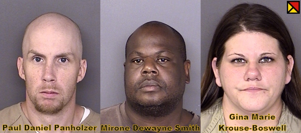 Left to right: Paul Daniel Panholzer, age 32, of no fixed address; Mirone Dewayne Smith, age 44, of Lexington Park; Gina Marie Krouse-Boswell, a/k/a Megan Baker.