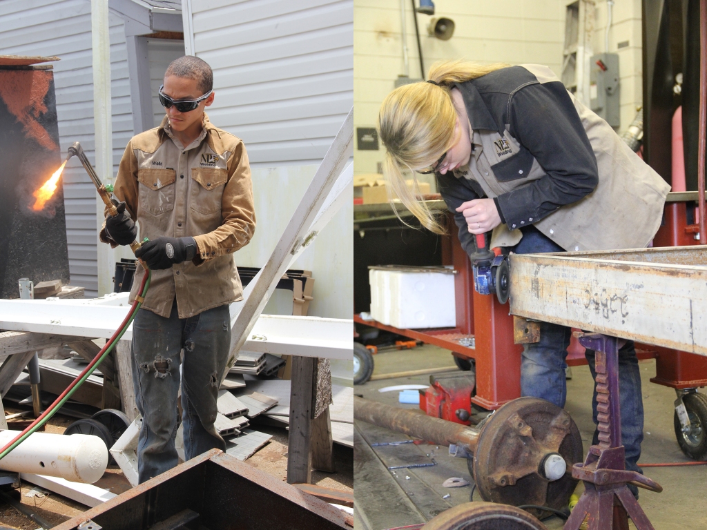 Left: Daniel Wells, a junior at North Point High School who is part of the welding program, prepares to work on a project for class. Right: North Point High School junior Kayla Watson works on a project in Alan Badeaux's welding class. Some of Badeaux's students worked on pieces that are on a restored PT-Boat at the National World War II Museum in New Orleans.