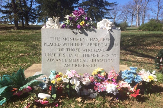 This monument rests above the ashes of Maryland body donors and unclaimed "donors by circumstance," in Sykesville, Maryland. (Photo courtesy of Heather Sinclair.)