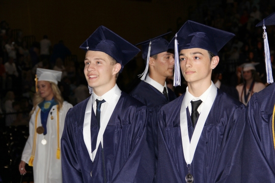 Graduation ceremonies for the county's seven public high schools were held June 2-4 at the Charles County Public Schools Convocation Center. La Plata High School staff and Board of Education members handed out 326 diplomas to the second largest Charles County Public Schools senior class in a graduation ceremony held June 4. La Plata's Class of 2016 earned more than $9 million in scholarship offers. Pictured are La Plata graduates Cole Baucom, left, and James Barton, right.