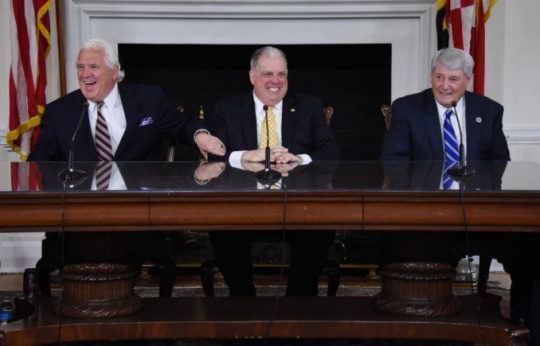 At the May 10 bill signing, Senate President Mike Miller, Gov. Larry Hogan and House Speaker Michael Busch. (Photo: Governor's Office)