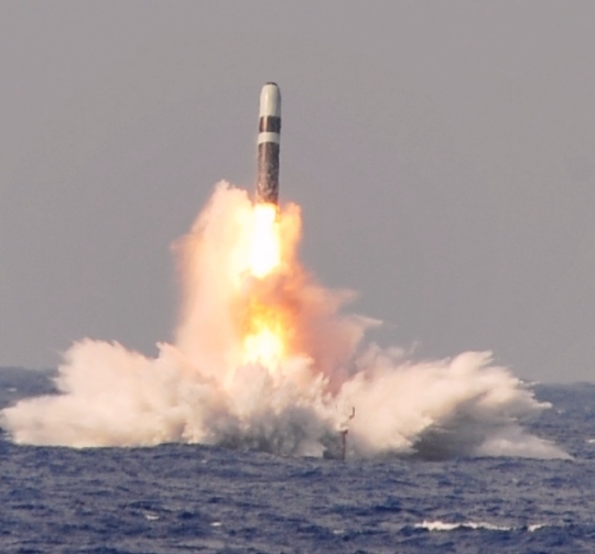 ATLANTIC OCEAN (June 2, 2014) - A Trident II D-5 ballistic missile launches from the Ohio-class ballistic missile submarine USS West Virginia (SSBN 736) during a missile test at the Atlantic Missile Range. Two years later - on June 2, 2016 - Navy Strategic Systems Programs (SSP) Director Vice Adm. Terry Benedict presented the SSP Director's Award to Naval Surface Warfare Center Dahlgren Division (NSWCDD) senior scientist Kim Payne for leadership impacting the Fleet Ballistic Missile Program. Payne was honored for her expertise in fire control software and targeting models as well as quality assurance methodology enhancements to improve Fleet Ballistic Missile deployed software product effectiveness and efficiency. Benedict said her efforts, "directly contributed to the Fleet Ballistic Missile Program and successful SSGN (Ohio-class guided-missile submarine) conversion software initiatives." (U.S. Navy photo/Released)