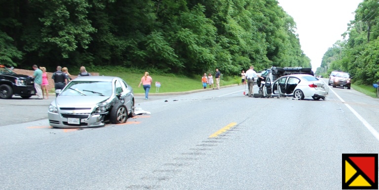 Scene of the 3 vehicle crash near the intersection of Chesapeake Beach Road (MD Route 260) and Shields Drive in Dunkirk. (Photo courtesy of Calvert Co. Sheriff's Office)