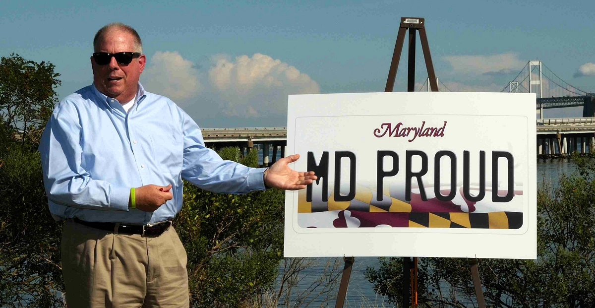 Gov. Hogan unveils the new Md. license plate at a press conference. (Photo: Governor's office)