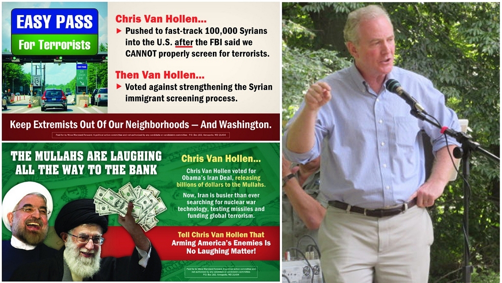 On left, 2 billboards attempt to tie Chris Van Hollen's actions to enabling terrorism. On right, Van Hollen talks to Howard County Democrats on Monday. (All images via MarylandReporter.com)