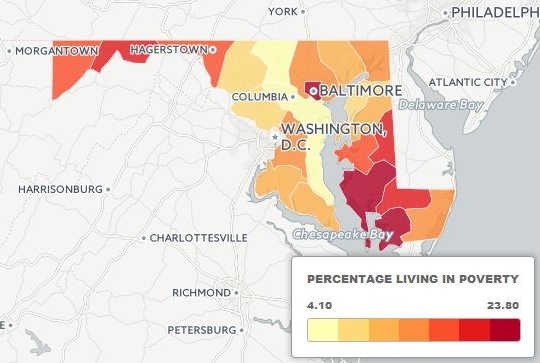 The percentage of people living in poverty is highest on the Eastern Shore and in Western Maryland, and lower in more affluent counties closer to Washington and Baltimore. The one exception: Baltimore City, where approximately one-quarter of the population lives in poverty. (By Ben Harris)