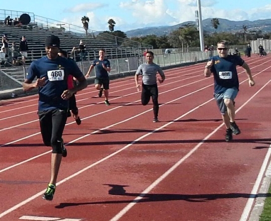 Hospital Corpsman 2nd Class Angelo Anderson, with Naval Health Clinic Patuxent River, finishes first in the 100-meter dash at the Warrior Games Team Trials in February, earning him a spot on Team Navy for the upcoming DoD Wounded Warrior Games, June 30-July 8 in Chicago. (Courtesy photo)