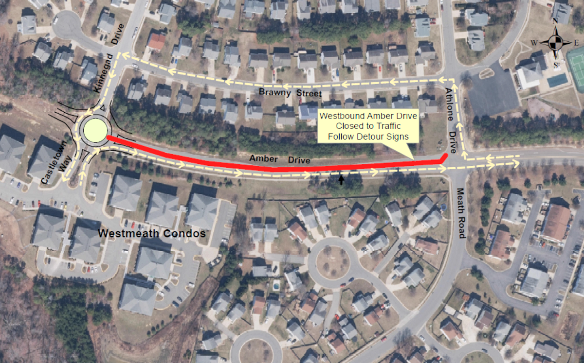 The west bound lane of Amber Drive, located between Athlone Drive and Kinnegad Drive in the Hickory Hills community, will be closed to traffic on or about July 10 for a period of approximately four weeks.