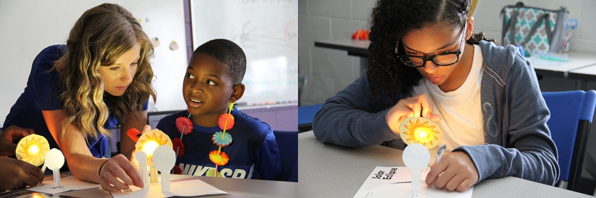 Left: Sherrie Gibney, Discovery Lab Facilitator at the James E. Richmond Science Center, left, and Zion McCoy, a fifth grader at St. Peter’s School, study how a solar eclipse works. The project was one of many highlighted during the Fun in the Sun camp at the James E. Richmond Science Center. Right: Isabella Brown, a seventh grader at Theodore G. Davis Middle School, works on her project illuminating how a solar eclipse works. Brown and other area students attended the Fun in the Sun camp at the James E. Richmond Science Center.
