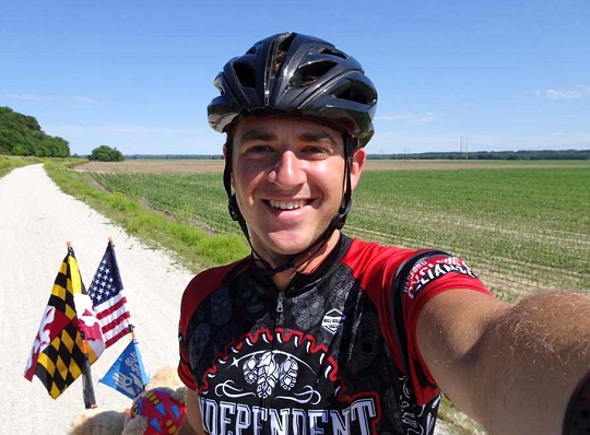 Spencer Buchness takes a selfie, all smiles, on May 31 after he rode 50 miles on the Katy Trail in Missouri. He called this one of his genuine smiles, naming this one of the top 10 moments of his trip. (Photo courtesy of Spencer Buchness)