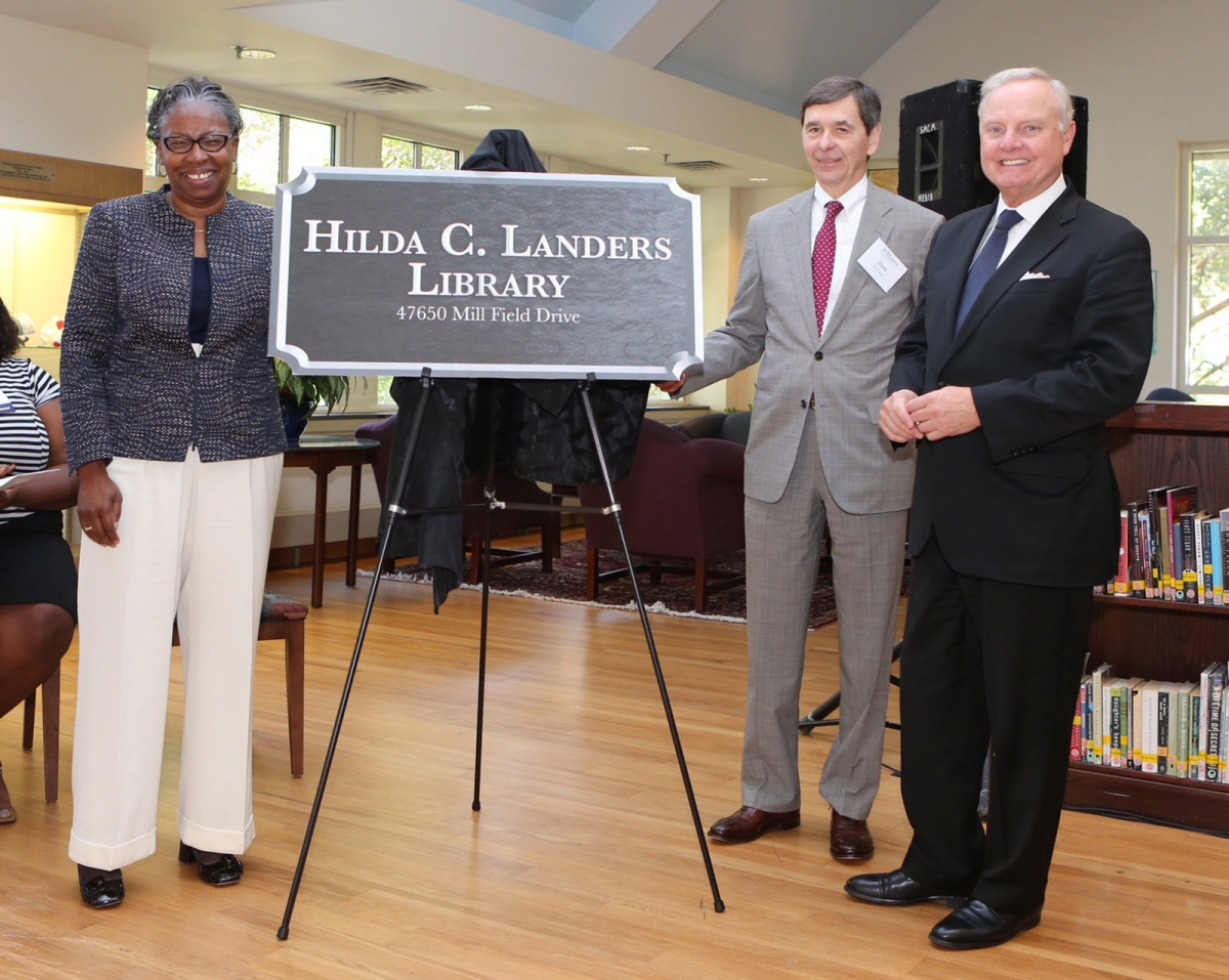 On Saturday, October 21, St. Mary's College of Maryland officials dedicated the Hilda C. Landers Library. From left to right: President Tuajuanda C. Jordan; Don Mering, trustee for the Landers trusts; Sven Holmes, president of the Board of Trustees for St. Mary's College. (Photo: SMCM)