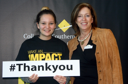 
CSM Foundation Chair Nancy Hempstead, right, visits with a recipient of Hempstead Family Scholarship, Ashley Stinnett, at the Prince Frederick Campus on #GivingTuesday, Nov. 28.