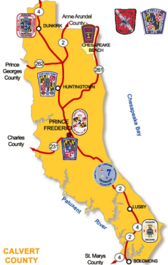 A map of Calvert Co. which shows the location of the various volunteer EMS stations.