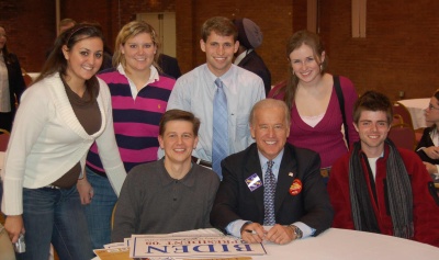 St. Mary's College students Jacqueline Caminiti, Elizabeth LeBlanc, Austin Lyman, Molly McKee (standing left to right), and Samuel Birnbaum (seated right) along with assistant professor Todd Eberly (seated left) met with Delaware Senator and Democratic presidential candidate Joe Biden (seated center) at the College Convention 2008 in Manchester, New Hampshire. The students encouraged Senator Biden to visit St. Mary's College prior to the Maryland primary in February. (Photo credit: Todd Eberly)