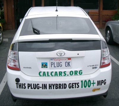 The electricity cost for powering a plug-in hybrid is only about one-quarter of the cost of powering a like-sized gasoline vehicle. Pictured here: a regular Toyota hybrid Prius converted to a 100 miles-per-gallon (avg.) plug-in by the California Cars Initiative, a nonprofit group dedicated to accelerating the availability of the technology. (Photo: jurvetson, courtesy Flickr)