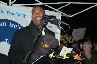 Charles Lollar, a local businessman and Major in the United States Marine Corps Reserves who will run against Steny Hoyer in 2010 for the 5th District Congressional seat, speaks at a Tea Party rally outside the State House in Annapolis. (Photo: Graham Moomaw, Capital News Service)