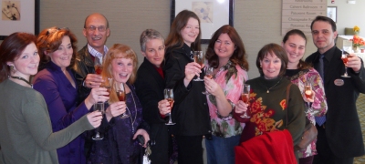 From left to right: Anne Hammett, Valarie Green, Bill Scarafia, Tina Fratantuono, Trish Cole, Amie Gilligan, Dawn Weber, Linda Lagle, Mallory Green and Patrick Welton raise their glasses to toast The Newtowne Players at the Maryland Community Theatre Festival awards presentation Jan. 16 at the Hilton Garden Inn, Solomons, Md.