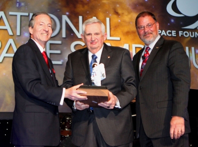 Charles County Public Schools Superintendent James E. Richmond, center, accepts the Alan Shepard Technology in Education Award from Dr. Stephen Feldman, president and CEO of the Astronauts Memorial Foundation (left), and Elliot Pulham, Chief Executive Officer of the Space Foundation (right). (Submitted photo)