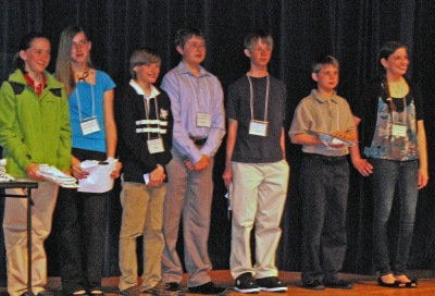 From left: Hazel Ptack from St. Mary's Bryantown school; Moira Flynn, St. Mary's Bryantown; Michael Heck, St. Mary's Bryantown; Connor Bullis from Father Andrew White, who placed first; Brenden Carruth, St. Mary's Bryantown, who placed second; Bradley Carruth, St. Mary's Bryantown; and Elise Carney, Father Andrew White, who placed third. (Photo: St. Mary's Ryken HS)