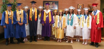 Charles County Public Schools honored 2,153 seniors on June 6 and June 7 during graduation ceremonies for six high schools. Students in the class of 2011 were offered nearly $40 million in scholarships. Valedictorians and Salutatorians for the Class of 2011 are, from left: Joshua Boyd, Henry E. Lackey High School salutatorian; Andrew Bode, Lackey valedictorian; Katherine Huber, La Plata High School salutatorian; Colin Qualters, La Plata valedictorian; Melissa Bortner, Maurice J. McDonough High School salutatorian; Ross Gardiner, McDonough valedictorian; Emily Le, Thomas Stone High School salutatorian; Jennifer DeMarco, Stone valedictorian; Brittany Sewell, Westlake High School salutatorian; Asia Lamar, Westlake valedictorian; Audrey Springer, North Point High School salutatorian; and Erin Chapman and Nicholas Teleky, North Point co-valedictorians.