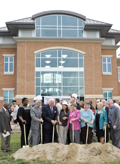 With shovels in hand, College of Southern Maryland students, faculty, administrators, Board of Trustees members, and current and former elected officials, as well as representatives from Constellation Energy Nuclear Group, LLC (CENG) put blades to the earth and ceremonially broke ground on the second building on the Prince Frederick Campus Sept. 27. (Submitted photo)