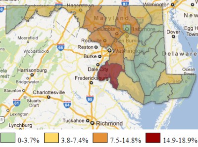 Minorities Rise, Whites Fall in Maryland Counties. This map shows the percentage point decrease in non-Hispanic whites as a proportion of the total population in each of Maryland's counties and Baltimore city from 2000 to 2010. For example, non-Hispanic whites made up 79.8 percent of the population in Anne Arundel County in 2000, but dropped to 72.4 percent in 2010. The largest decrease occurred in counties in the Washington, D.C., area. (Data Source: U.S. Census Bureau. Graphic: Mark Miller.)