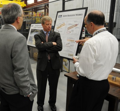 NSWC Dahlgren Electromagnetic Railgun Office Program Manager Charles Garnett (right) briefs Brian Detter (middle), Deputy Assistant Secretary of the Navy for Expeditionary Programs and Logistics Management, on the Navy's first industry-built electromagnetic railgun prototype launcher. (U.S. Navy photo by Kimberly Brandts - Released)