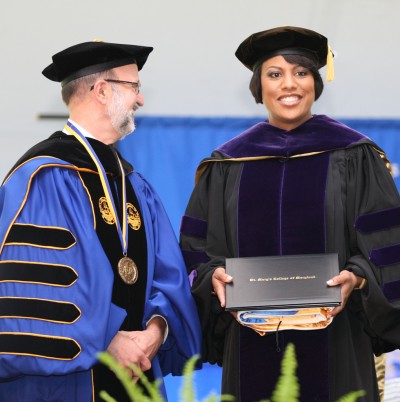 St. Mary’s College of Maryland President Joe Urgo and Commencement speaker Stephanie Rawlings-Blake, mayor of Baltimore at Saturday’s ceremony on the college campus (Photo: Bill Wood).