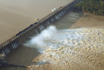 View of the Conowingo Dam on the Susquehanna River in the aftermath of Tropical Storm Lee taken Sept. 12, 2011. Discharge at time of the photo was 220,000 cubic feet per second. Peak discharge for the flood was 778,000 cubic feet per second at 4 a.m. on Sept. 9, 2011. (Photo: Wendy McPherson, U.S. Geological Survey)