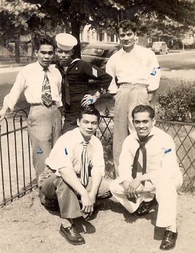 A group of U.S. Navy workers in the 1940s pose for a photo. Filipino men came to Annapolis to serve as laborers. University of Maryland graduate student Kathrina Aben is researching the untold stories of Filipinos in Annapolis. Photo courtesty of Kathrina Aben.
