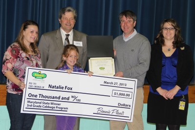 From left, Dr. James Craik Elementary Schoolfourth-grade teacher Michelle Daggett, Agriculture Secretary Buddy Hance, Bonnie Plants Manager Lee Turner and Craik science teacher Jennifer Norris stand with fourth-grader Natalie Fox. (Photo by Kara Gross, Charles County Board of Education.)