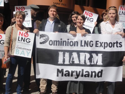 Environmental and community coalition members in Baltimore protest Dominion's Resources Inc.'s proposed liquefied natural gas facility in Calvert County. (Photo: Sarah Polus)